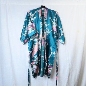 Asian Faux Silk Robe (Blue and Pink)